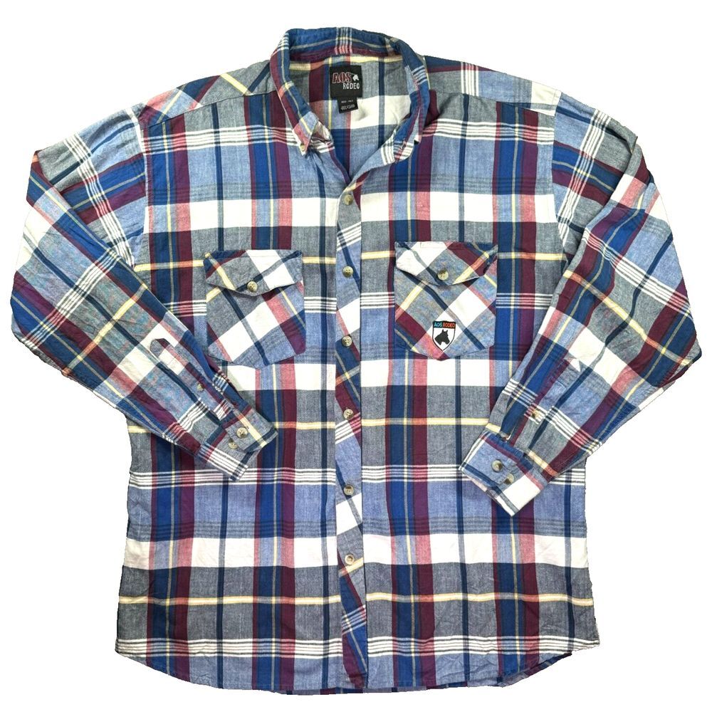 Vintage AOS Rodeo Shirt Mens XLT Tall Plaid‎ Cowboy Western Horse Flannel Blue